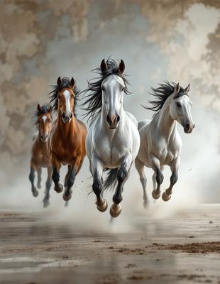 Primary subject: Horses
Setting/background: Dirt road
Visual style: Photo
Colors and mood: Brown and white horses running on a dirt road.