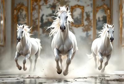 The primary subject of the image is a white horse with blonde mane and tail, running through a room with a gold and white painted wall. The setting appears to be a room with a patterned wall, and the visual style is a photo. The colors and mood of the image are predominantly white and gold, creating a sense of elegance and grace.