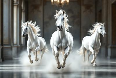 The primary subject of the image is a group of three white horses running in a hallway. The setting is a large, open space with a backdrop of a wall. The visual style is a photo, capturing the horses in motion. The colors and mood of the image are predominantly white, giving it a clean and elegant appearance.