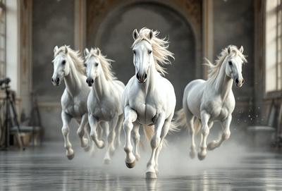 Primary subject: White horses running
Setting/background: A white marble wall
Visual style: Digital art
Colors and mood: White and light-colored, creating a sense of speed and grace.