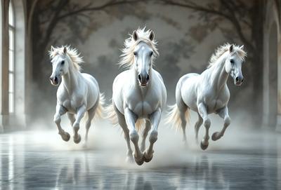 The primary subject of the image is a group of three white horses running together. They are the main focus of the scene, and their movement and interaction with each other create a dynamic and lively atmosphere. The setting is a large, open space, possibly a field or a track, where the horses can run freely. The visual style of the image is a combination of photo and digital art, as it captures the horses' motion and the surrounding environment in a realistic yet artistic manner. The colors and mood of the image are pre
