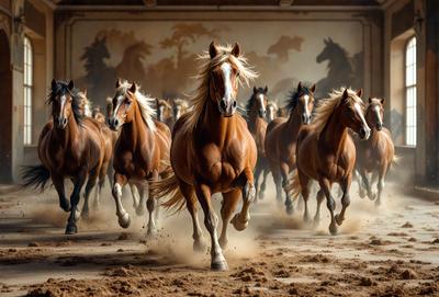 Primary subject: Horses
Setting/background: A dirt ground
Visual style: Digital art
Colors and mood: The image is in black and white, giving it a classic and timeless feel.