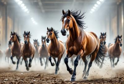 Primary subject: A brown horse running in a dirt field.

Setting/background: The horse is running in a dirt field, with a sky background.

Visual style: The image is a photo of the horse running.

Colors and mood: The dominant colors are brown and grey, with a sense of motion and energy.