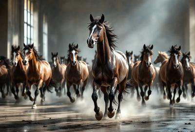 Primary subject: A brown horse running in a corral.

Setting/background: The horse is running in a corral, which is a fenced-in area.

Visual style: The image is a black and white photo.

Colors and mood: The dominant colors are black and white, giving the image a classic and timeless feel. The mood of the image is energetic and dynamic, as the horse is captured in motion.