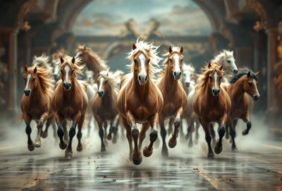 Primary subject: Horses
Setting/background: A tunnel or a passageway
Visual style: Digital art
Colors and mood: The image is in black and white, giving it a classic and timeless feel.