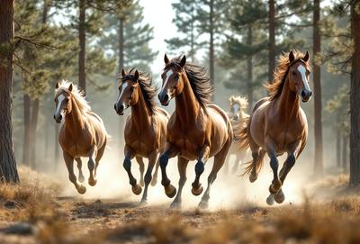 Primary subject: Horses running in a field.
Setting/background: A field with trees in the background.
Visual style: A photo of the horses running.
Colors and mood: The image is in color, and the horses appear to be running in a dusty field, creating a dynamic and energetic atmosphere.