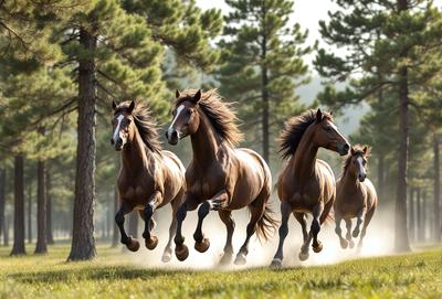 The primary subject of the image is a group of four horses running through a grassy field. The setting is a lush green field with trees in the background, creating a serene and natural atmosphere. The visual style of the image is a photo, capturing the horses in motion and the surrounding environment. The colors in the image are predominantly green and brown, reflecting the natural landscape and the horses' movement.