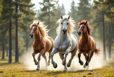 The primary subject of the image is a group of three horses running through a grassy field. The setting is a natural environment with trees in the background. The visual style is a photo, capturing the horses in motion. The colors and mood of the image are vibrant and energetic, as the horses are running and their manes are flowing in the wind.