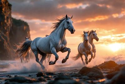 Primary subject: A group of horses running on the beach.

Setting/background: The beach is the setting for the scene, with the horses running along the shoreline.

Visual style: The image is a digital artwork, featuring a beautifully rendered scene of the horses running on the beach.

Colors and mood: The image has a warm and vibrant color palette, with the horses' white coats contrasting against the beach's natural colors. The overall atmosphere is energetic and