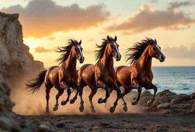 Primary subject: Four horses running on a beach.

Setting/background: The horses are running on a sandy beach near the ocean.

Visual style: The image is a digital artwork.

Colors and mood: The colors are warm and vibrant, with the beach and ocean providing a serene and relaxing atmosphere.