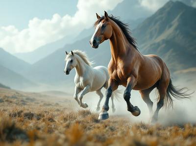 Primary subject: Two horses running in a field.

Setting/background: A field with mountains in the background.

Visual style: Digital art.

Colors and mood: The image is in black and white, giving it a classic and timeless feel.