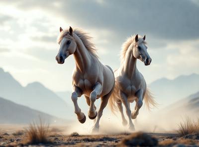 Primary subject: Two white horses running in a field.

Setting/background: The horses are running in a field with mountains in the background.

Visual style: The image is a digital artwork.

Colors and mood: The image has a warm and vibrant color palette, with the white horses and the field creating a sense of freedom and energy.