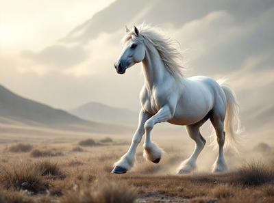 Primary subject: A white horse with a flowing mane.

Setting/background: A grassy field with mountains in the background.

Visual style: A digital art or illustration of the horse.

Colors and mood: The image is in black and white, giving it a classic and timeless feel.