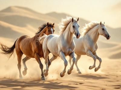 Primary subject: Three horses running in the desert.

Setting/background: The horses are running on a sandy surface, which is the desert.

Visual style: The image is a photo of the horses running in the desert.

Colors and mood: The image has a warm and natural color palette, with the sandy surface and the horses' coats creating a sense of movement and freedom.