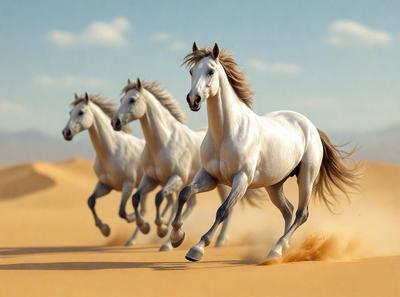 Primary subject: Three white horses running in a desert.

Setting/background: The horses are running on a sandy surface, which is the desert.

Visual style: The image is a digital art or illustration of the horses running.

Colors and mood: The image has a warm and natural color palette, with the sandy surface and the horses' white coats creating a sense of freedom and movement.