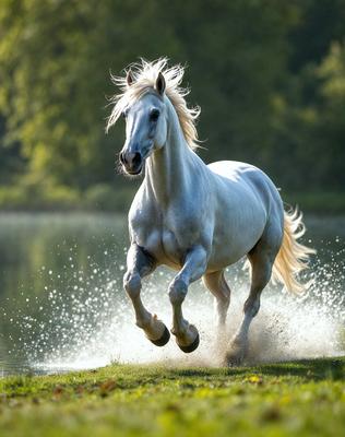 Primary subject: A white horse running through a field.

Setting/background: The horse is running through a grassy field near a body of water.

Visual style: The image is a photo of the horse in motion.

Colors and mood: The image has a vibrant and lively atmosphere, with the white horse standing out against the green grass and the water.