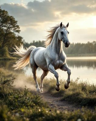 Primary subject: A white horse running through a field.

Setting/background: The horse is running through a grassy field near a body of water.

Visual style: The image is a photo of the horse in motion.

Colors and mood: The image has a warm and natural color palette, with the white horse standing out against the green grass and the water.