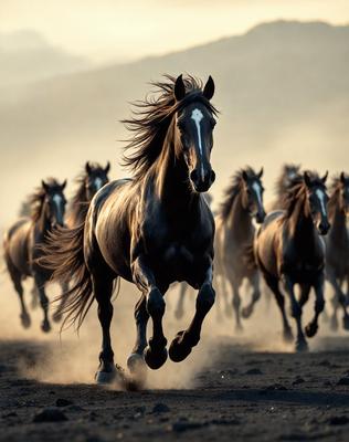 Primary subject: A group of horses running together in a field.

Setting/background: The horses are running in a field with a mountain in the background.

Visual style: The image is a photo of the horses running.

Colors and mood: The image has a warm and dynamic atmosphere, with the horses' movement and the natural environment creating a sense of energy and freedom.