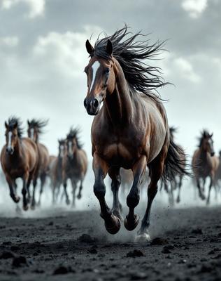 Primary subject: A brown horse with a white face running through a field.

Setting/background: The horse is running through a field with a cloudy sky above.

Visual style: The image is a black and white photo.

Colors and mood: The dominant colors are black, white, and brown. The overall atmosphere is dynamic and energetic, as the horse is captured in motion.