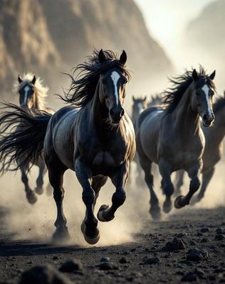 The primary subject of the image is a group of horses running together on a dirt road. The setting is a dusty, rocky path with a mountainous background. The visual style is a photo, capturing the horses in motion. The colors and mood of the image are predominantly earthy tones, with a sense of energy and freedom as the horses gallop through the landscape.