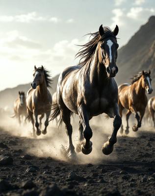 Primary subject: A group of horses running on a dirt road.

Setting/background: The horses are running on a dirt road, with a mountainous background.

Visual style: The image is a photo of the horses running.

Colors and mood: The image has a sepia tone, giving it a vintage and nostalgic feel. The horses are running in the dirt, creating a sense of motion and energy.