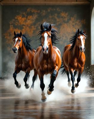 Primary subject: Three brown horses running together.

Setting/background: A large, open space with a wall in the background.

Visual style: Digital art.

Colors and mood: The image is in black and white, giving it a classic and timeless feel.