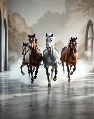 Primary subject: Horses
Setting/background: A stone-paved hallway
Visual style: Photo
Colors and mood: The image is in black and white, giving it a classic and timeless feel.