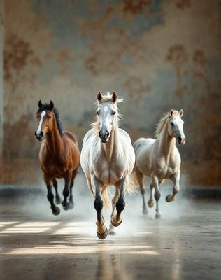 Primary subject: Three horses running in a building.

Setting/background: The horses are running in a building, possibly a stable or a corral.

Visual style: The image is a photo of the three horses running.

Colors and mood: The image has a black and white color scheme, which adds a sense of drama and intensity to the scene.