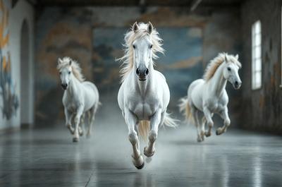 Primary subject: White horse
Setting/background: A large building with a wall and a door
Visual style: Photo
Colors and mood: The photo is in black and white, giving it a classic and timeless feel.