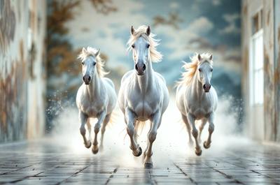 Primary subject: Three white horses running on a cobblestone road.

Setting/background: The horses are running on a cobblestone road, which is surrounded by a cloudy sky.

Visual style: The image is a digital artwork, featuring three white horses in motion.

Colors and mood: The image has a predominantly white color scheme, with the horses and the cobblestone road being the main focus. The cloudy sky adds a sense of depth and atmosphere to the scene
