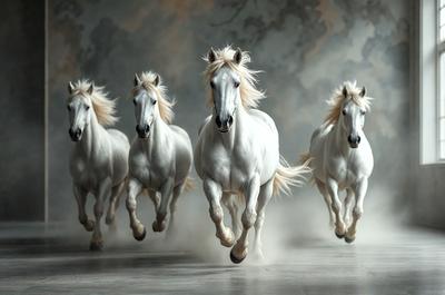 Primary subject: White horses running
Setting/background: A wall with a painting of horses
Visual style: Digital art
Colors and mood: White and gray, with a sense of motion and energy