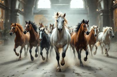 Primary subject: A white horse running in a dusty arena.

Setting/background: The arena is filled with many other horses, creating a lively and bustling atmosphere.

Visual style: The image is a photo of the white horse running in the arena.

Colors and mood: The dominant colors are brown and white, with the white horse standing out against the brown dusty ground. The overall atmosphere is energetic and dynamic, as the horses are in motion and interacting with each