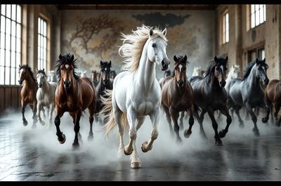 The primary subject of the image is a white horse with blonde hair, which is running through a large room. The setting appears to be a studio or a large indoor space, as there are multiple horses present in the scene. The visual style of the image is a combination of photo and digital art, creating a unique and artistic representation of the horse. The dominant colors in the image are white and blonde, giving the scene a clean and elegant appearance. The overall atmosphere of the image is energetic and dynamic, as the horse