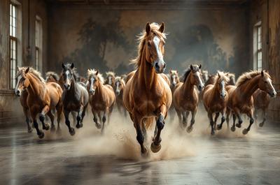 Primary subject: A brown horse running in a dirt-covered arena.

Setting/background: The horse is running in front of a wall with trees painted on it.

Visual style: The image is a digital artwork.

Colors and mood: The image has a warm and dynamic color palette, with the brown horse as the main focus.