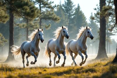 Primary subject: Four white horses running in a field.

Setting/background: The horses are running in a grassy field with trees in the background.

Visual style: The image is a photo of the four white horses running in the field.

Colors and mood: The image has a vibrant and lively atmosphere, with the white horses standing out against the green grass and trees.