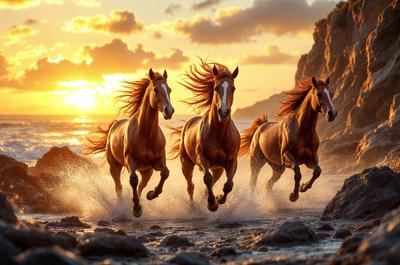 Primary subject: Four horses running on the beach.

Setting/background: The beach is the backdrop for the scene, with the ocean in the background.

Visual style: The image is a photo of the four horses running on the beach.

Colors and mood: The colors in the image are predominantly orange and brown, with the sunset in the background adding warmth and a sense of freedom to the scene. The overall atmosphere is energetic and dynamic, as the horses run freely along the sh