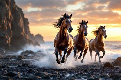 Primary subject: Three horses running on the beach.

Setting/background: The beach is the setting, with the ocean in the background.

Visual style: The image is a photo of the horses running on the beach.

Colors and mood: The colors are predominantly brown and white, with the ocean providing a blue and calming backdrop. The mood is energetic and dynamic, as the horses are running and enjoying their time on the beach.