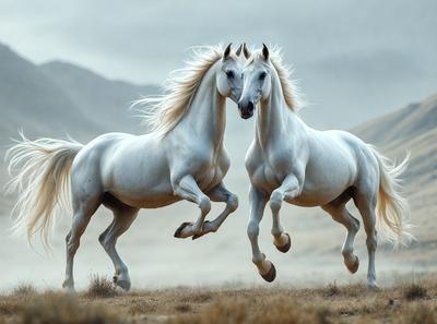 Primary subject: Two white horses running together in a field.

Setting/background: The horses are running in a field with mountains in the background.

Visual style: The image is a photo of the two horses in action.

Colors and mood: The image is in black and white, giving it a classic and timeless feel. The horses' white coats contrast with the darker tones of the field and mountains, creating a sense of motion and energy.