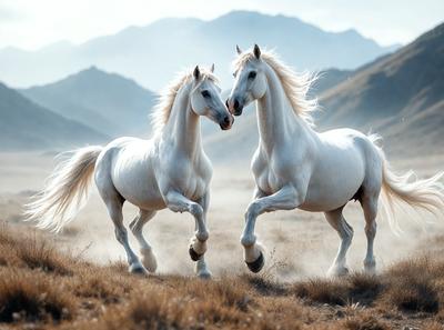 The primary subject of the image is two white horses standing in a grassy field. They are facing each other, possibly engaging in a playful interaction. The setting is a mountainous area, with a backdrop of mountains and a sky visible in the background. The visual style of the image is a photo, capturing the horses in their natural environment. The colors in the image are predominantly shades of white and green, creating a serene and peaceful atmosphere.