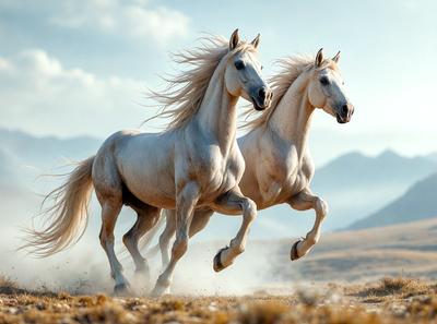 Primary subject: Two horses running in a field.

Setting/background: A field with mountains in the background.

Visual style: A photo of the two horses running.

Colors and mood: The image is in black and white, giving it a classic and timeless feel. The horses' movement and the field's openness create a sense of freedom and energy.