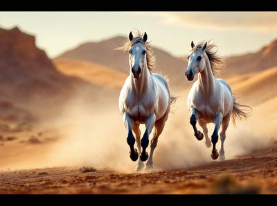 The primary subject of the image is two white horses running together in a desert-like environment. The setting is a sandy, dusty area with mountains in the background. The visual style is a photo, capturing the horses in motion. The colors and mood of the image are predominantly warm and earthy tones, with the horses' white coats contrasting against the sandy backdrop.