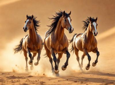Primary subject: Three brown horses running in the dirt.

Setting/background: A desert-like environment with sandy ground.

Visual style: A photo of the horses in motion.

Colors and mood: The image is in black and white, giving it a classic and timeless feel. The horses' brown coats contrast with the sandy ground, creating a sense of motion and energy.