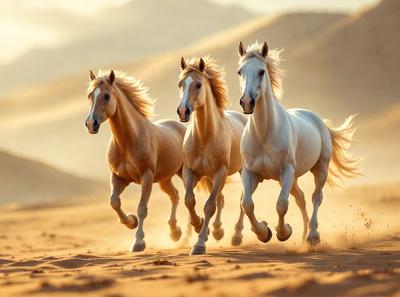 Primary subject: Three horses running in the desert.

Setting/background: The horses are running on a sandy surface, with a desert landscape in the background.

Visual style: The image is a photo of the horses in motion.

Colors and mood: The image has a warm and natural color palette, with the sandy surface and the horses' coats creating a sense of movement and freedom.