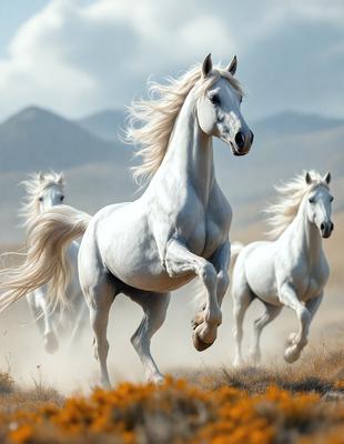 Primary subject: White horse running in a field.
Setting/background: A field with mountains in the background.
Visual style: Digital art.
Colors and mood: The image is in color, with a vibrant and lively atmosphere.