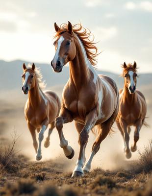 Primary subject: A brown horse with a blonde mane running in a field.

Setting/background: The horse is running in a field with a mountain in the background.

Visual style: The image is a photo of the horse running in the field.

Colors and mood: The dominant colors are brown and blonde, with a warm and energetic atmosphere.