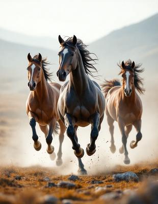 Primary subject: Three horses running in a field.

Setting/background: A grassy field with mountains in the background.

Visual style: A photo of the horses running.

Colors and mood: The image is in color, and the horses appear to be running with excitement and energy.