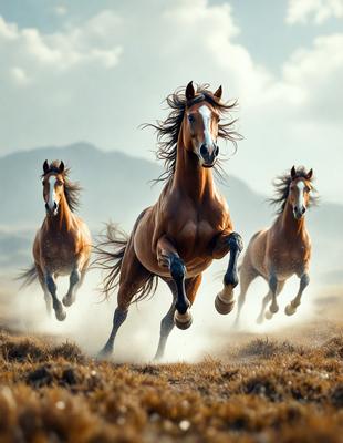 Primary subject: Three horses running in a field.

Setting/background: A field with mountains in the background.

Visual style: A photo of the horses running.

Colors and mood: The image is in color, and the horses appear to be running with excitement and energy.