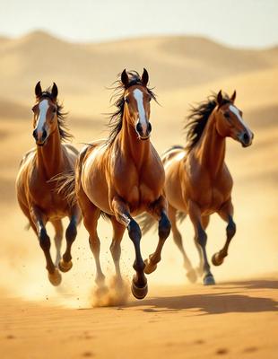The primary subject of the image is a group of three horses running through a desert-like environment. The setting is a sandy, open area with a dusty, dry atmosphere. The visual style of the image is a photo, capturing the horses in motion. The colors in the image are predominantly earth tones, such as brown, beige, and orange, which contribute to the overall mood of the scene.