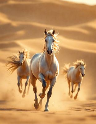 Primary subject: A white horse running in the sand.

Setting/background: A desert-like environment with sand and a dirt surface.

Visual style: A photo of the horse running in the sand.

Colors and mood: The image has a warm and natural color palette, with the white horse standing out against the sandy background. The overall atmosphere is energetic and dynamic, as the horse is captured in motion.