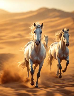 Primary subject: Three white horses running in a desert.

Setting/background: The horses are running on a sandy surface, which is the desert.

Visual style: The image is a photo of the horses running in the desert.

Colors and mood: The image has a warm and natural color palette, with the sandy surface and the horses' white coats creating a sense of freedom and adventure.